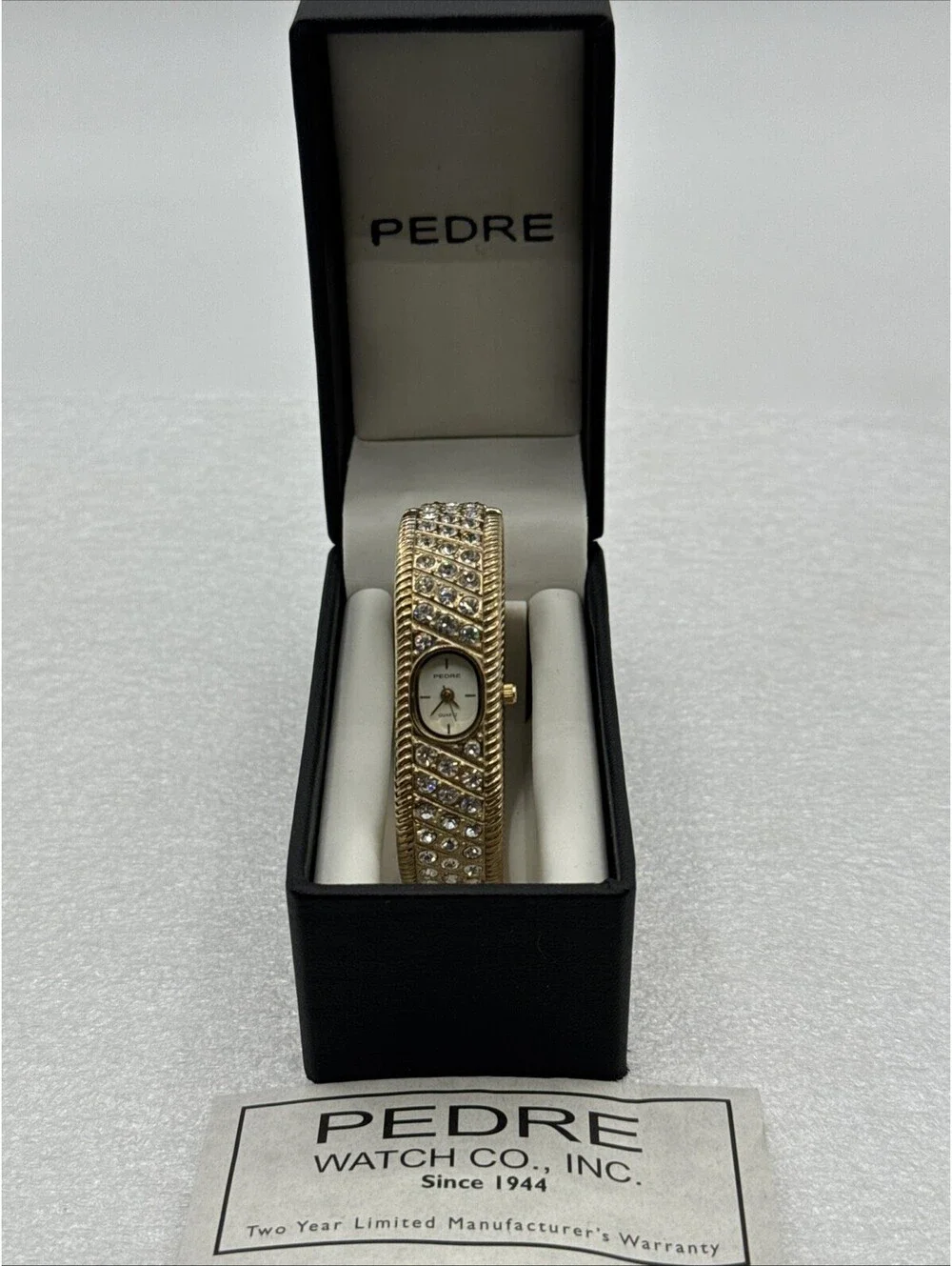 Vintage Pedre Gold Tone Bangle Watch Studded With Rhinestones New Battery W/Box